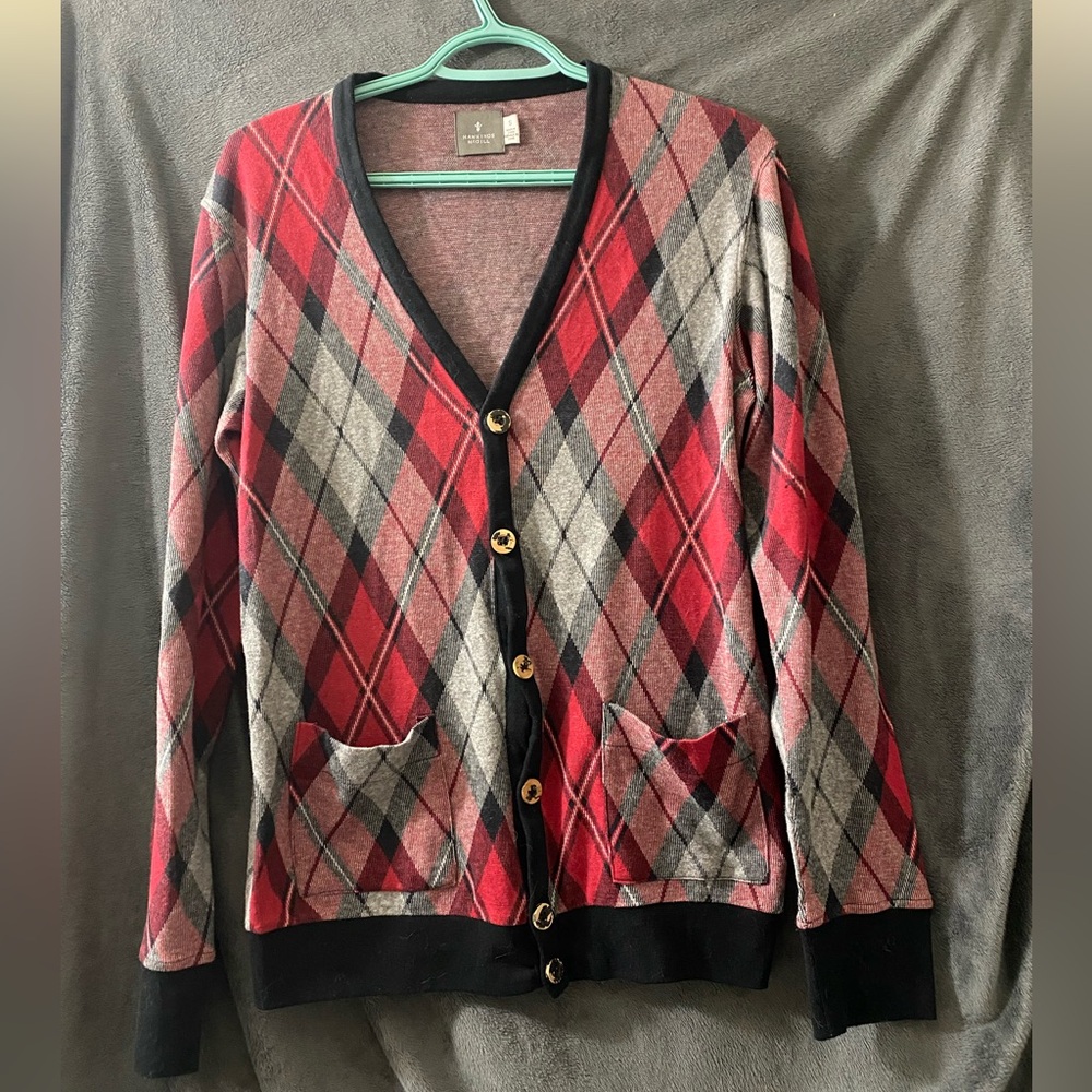 Hawkings McGill Jacquard red tartan cardigan. Men's small
